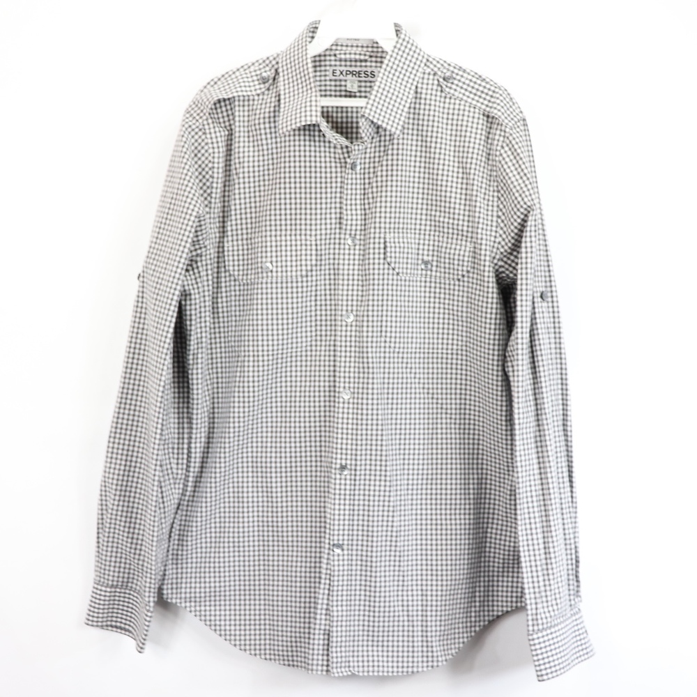 Express Mens Medium Fitted Button Front Shirt Gray - image 1